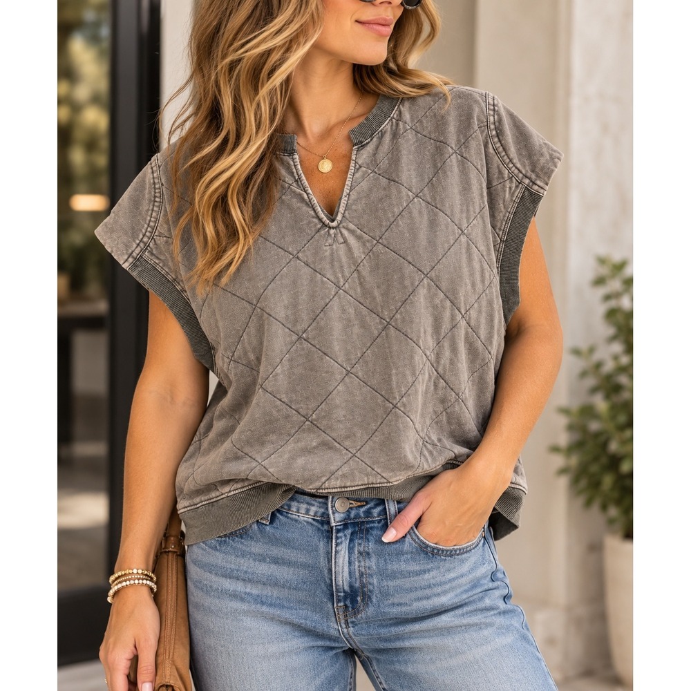 Heyson Quilted Cropped Vest Olive/Gray V-Neck Oversized 90s Y2K Style Medium